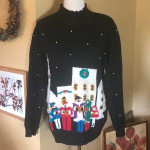 VINTAGE size Medium Christmas Carolers Sweater Texture Knit Mock Turtleneck EUC